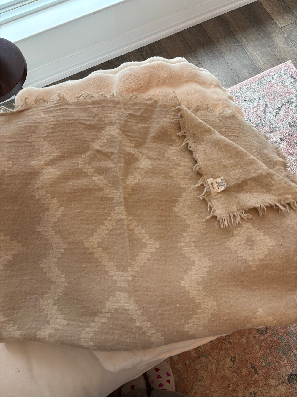 Aritzia Beige Patterned Fringe Wrap Scarf